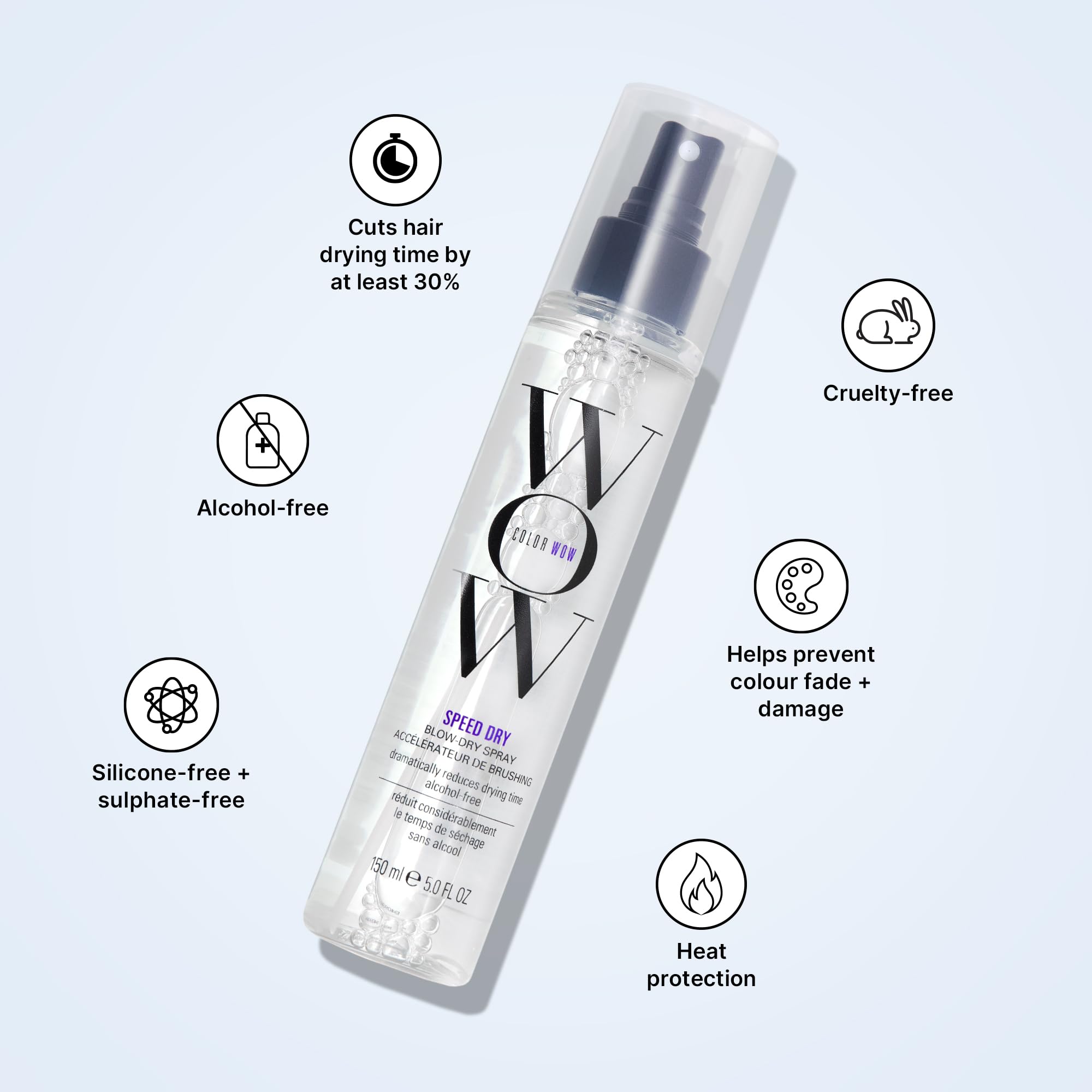 COLOR WOW Speed Dry Blow Dry Spray - Quick Hair Drying Spray with Heat Protection | Alcohol-Free Formula Cuts Drying Time by 30%, Protects Colour + Prevents Breakage, 150ml
