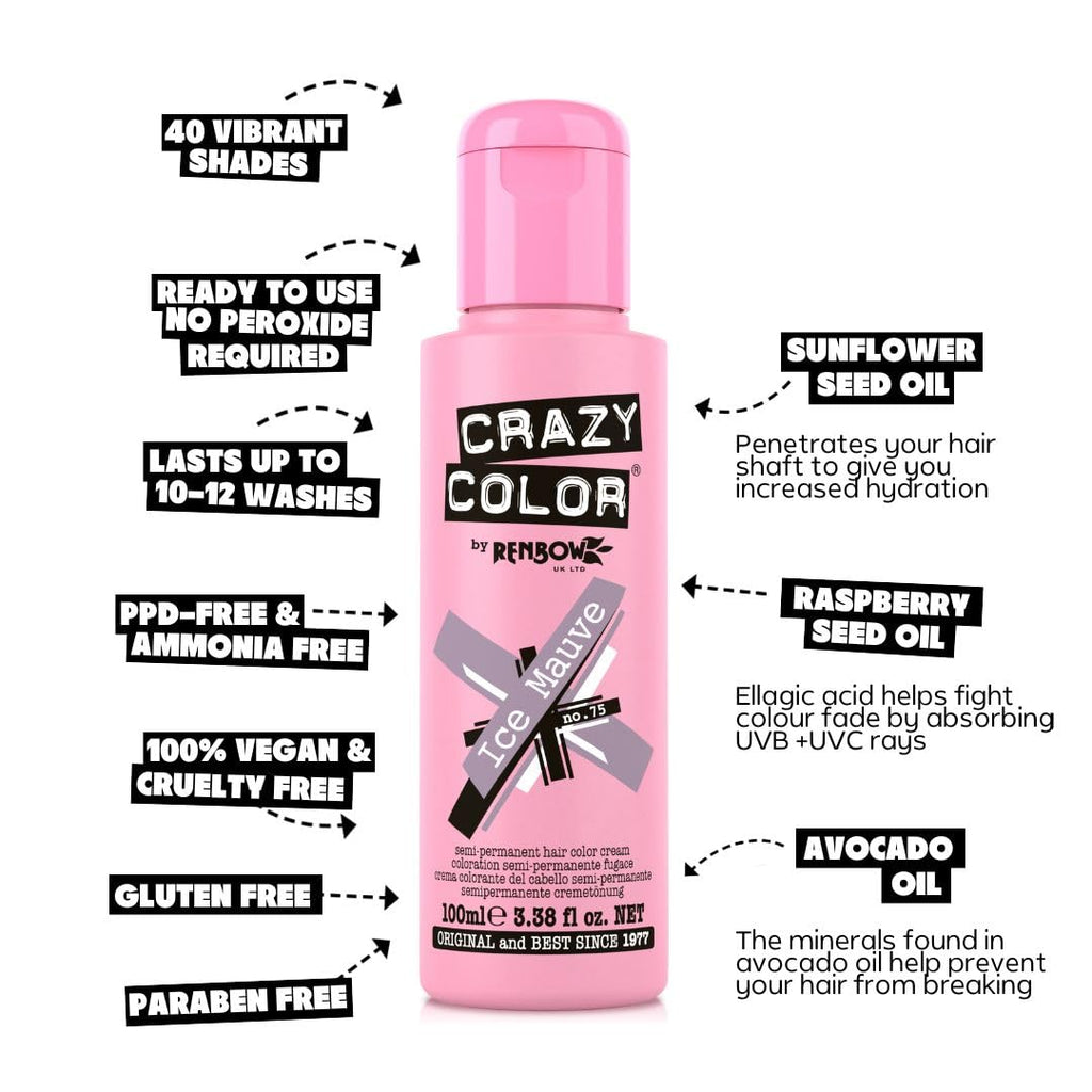 Crazy Color Metallic Ice Mauve Semi-Permanent 4 Pack Quad Hair Dye. Highly Pigmented Dusty Purple Conditioning & Oil Nourishing Vegan Formula No Bleach or Ammonia 400ml - Damaged Box
