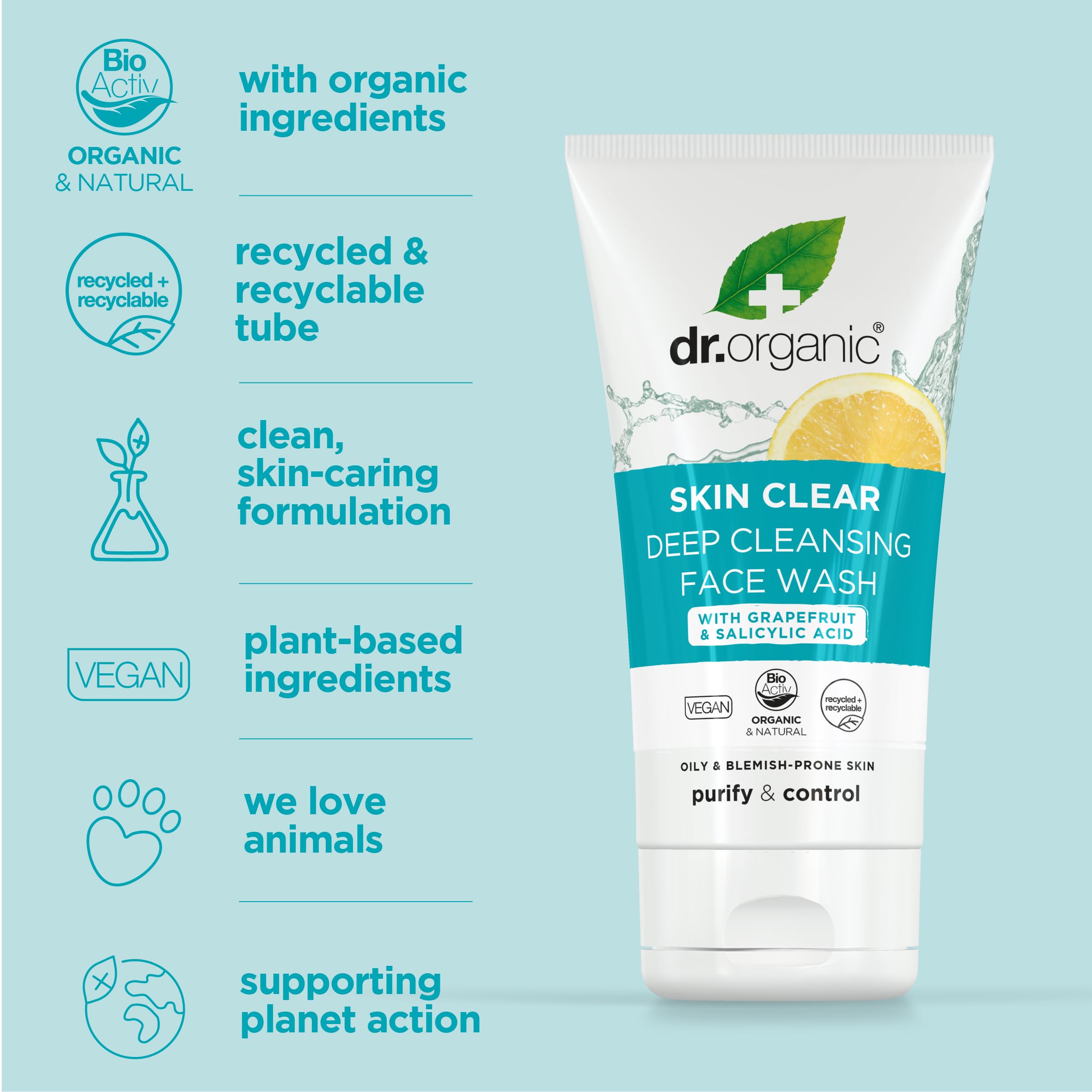 Dr Organic - Skin Clear Therapy Set - Moisturiser, Face Wash & AHA Peel - Oil & Blemish Control, Pore Reducing & Clearer Skin - Vegan, Cruelty, Paraben & SLS Free - 50ml, 125ml & 30ml - Bundle