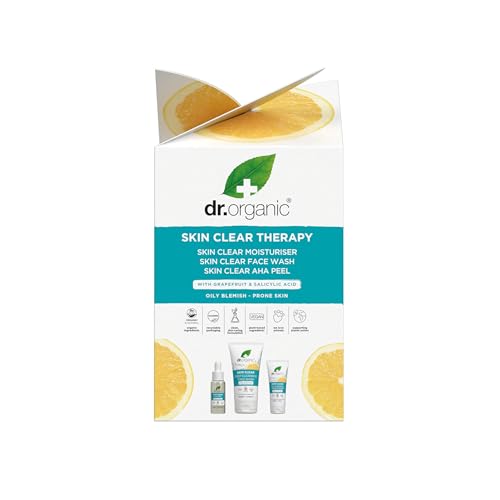 Dr Organic - Skin Clear Therapy Set - Moisturiser, Face Wash & AHA Peel - Oil & Blemish Control, Pore Reducing & Clearer Skin - Vegan, Cruelty, Paraben & SLS Free - 50ml, 125ml & 30ml - Bundle