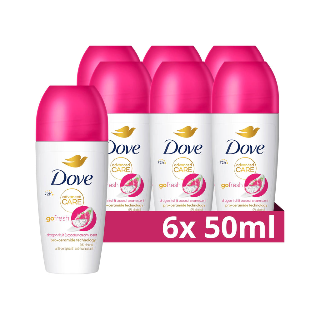 Dove Advanced Care Go Fresh Dragonfruit & Coconut Cream Scent Women's Antiperspirant Deodorant Roll On for 72 hour sweat protection with Pro-Ceramide technology 50 ml, Pack of 6