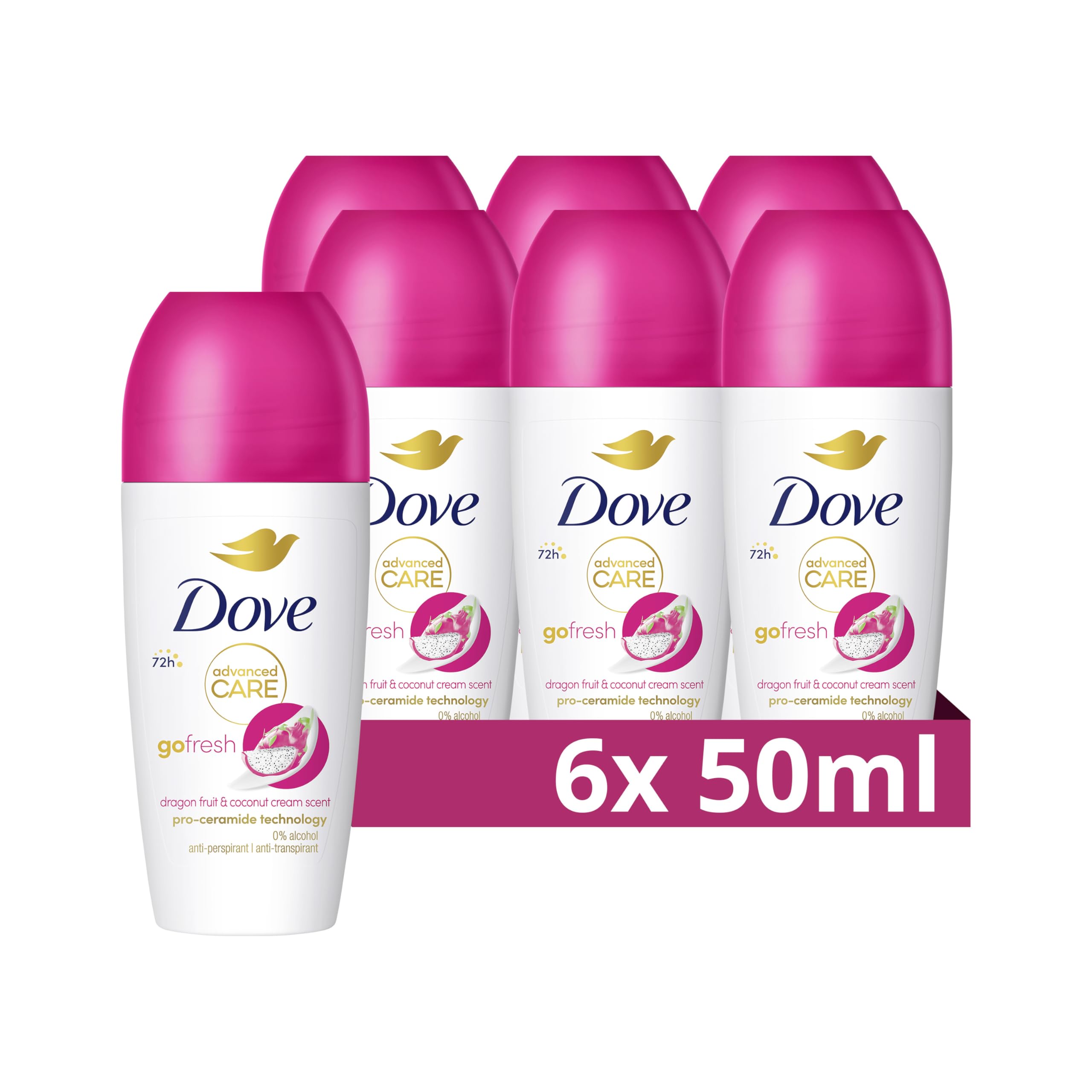 Dove Advanced Care Go Fresh Dragonfruit & Coconut Cream Scent Women's Antiperspirant Deodorant Roll On for 72 hour sweat protection with Pro-Ceramide technology 50 ml, Pack of 6