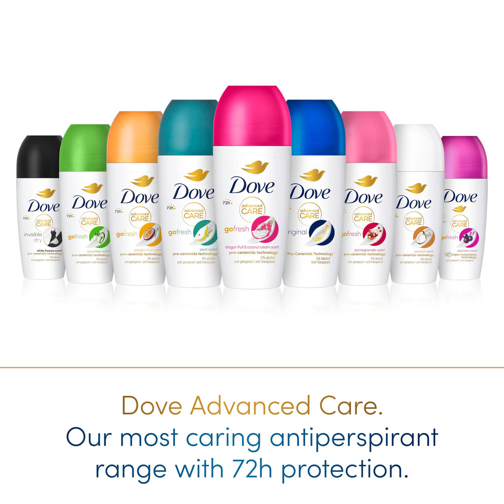 Dove Advanced Care Go Fresh Dragonfruit & Coconut Cream Scent Women's Antiperspirant Deodorant Roll On for 72 hour sweat protection with Pro-Ceramide technology 50 ml, Pack of 6