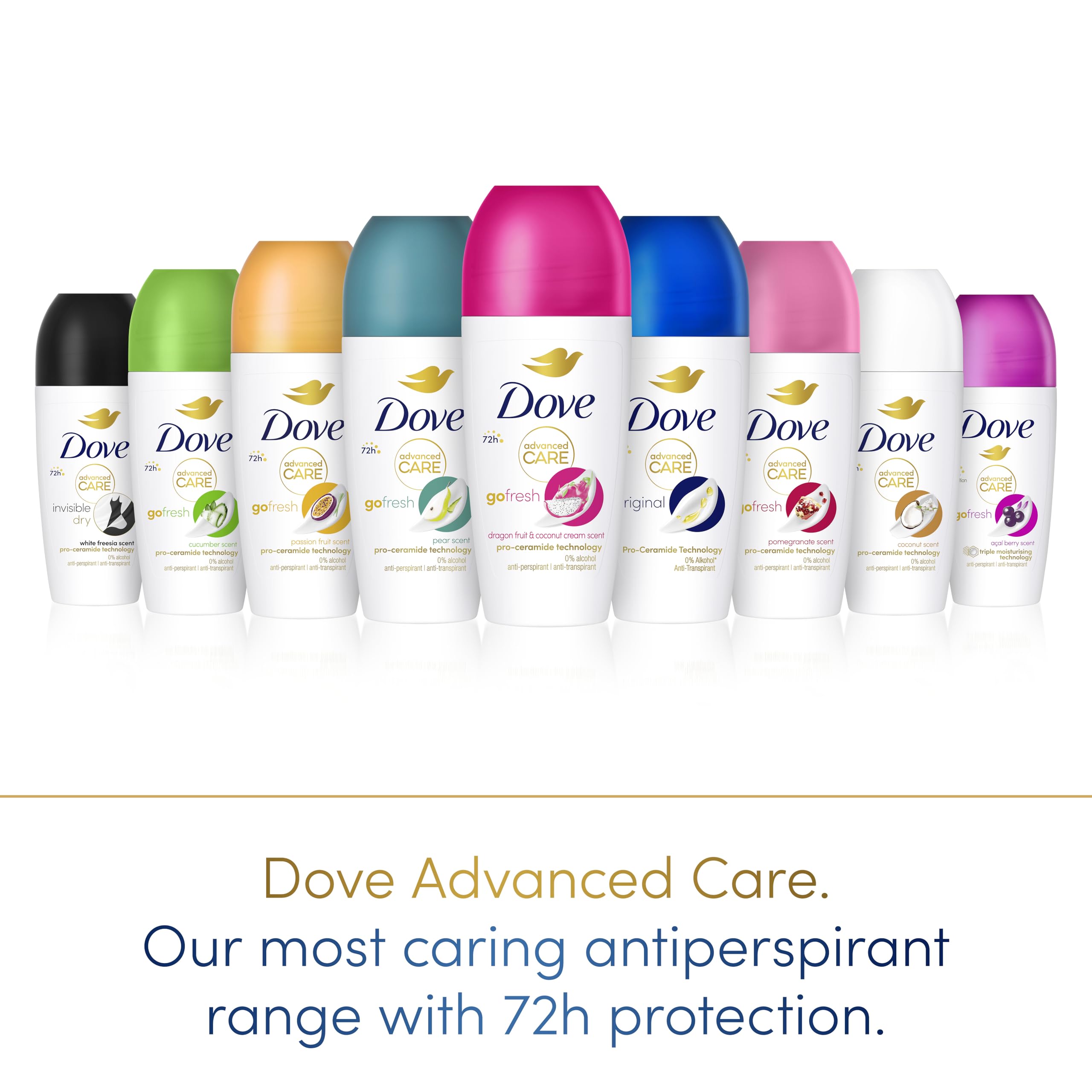Dove Advanced Care Go Fresh Dragonfruit & Coconut Cream Scent Women's Antiperspirant Deodorant Roll On for 72 hour sweat protection with Pro-Ceramide technology 50 ml, Pack of 6