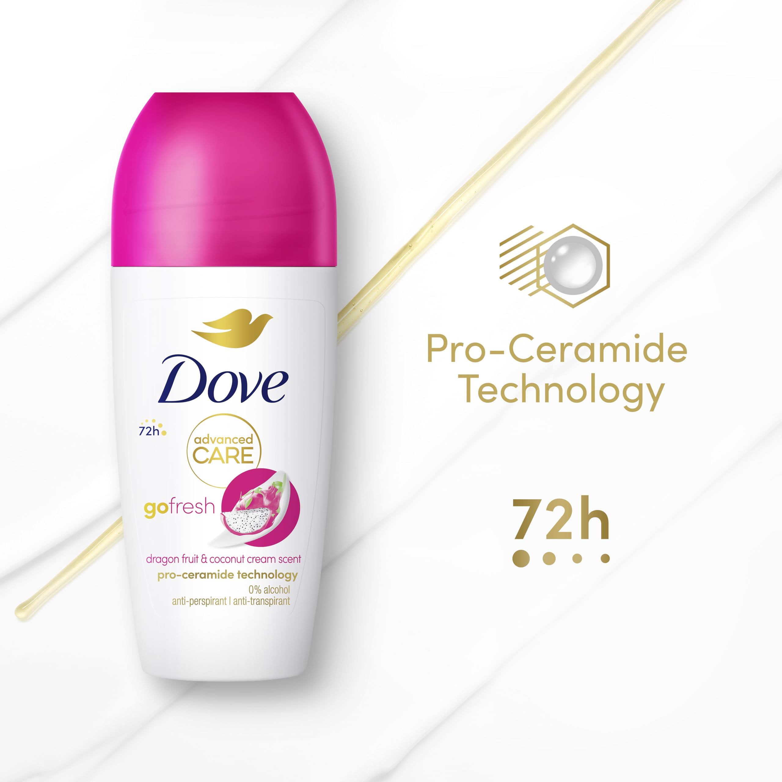 Dove Advanced Care Go Fresh Dragonfruit & Coconut Cream Scent Women's Antiperspirant Deodorant Roll On for 72 hour sweat protection with Pro-Ceramide technology 50 ml, Pack of 6