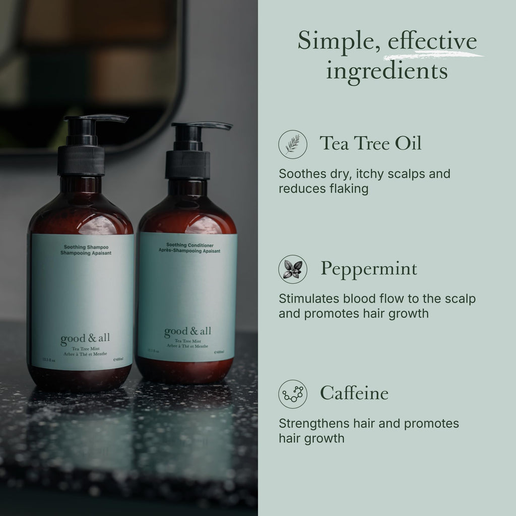 Good&All Tea Tree Shampoo and Conditioner Set for Dry Itchy Scalp with Peppermint - Sodium Lauryl Sulfate/Sulphate, Silicone, Paraben, Fragrance Free - 400ml