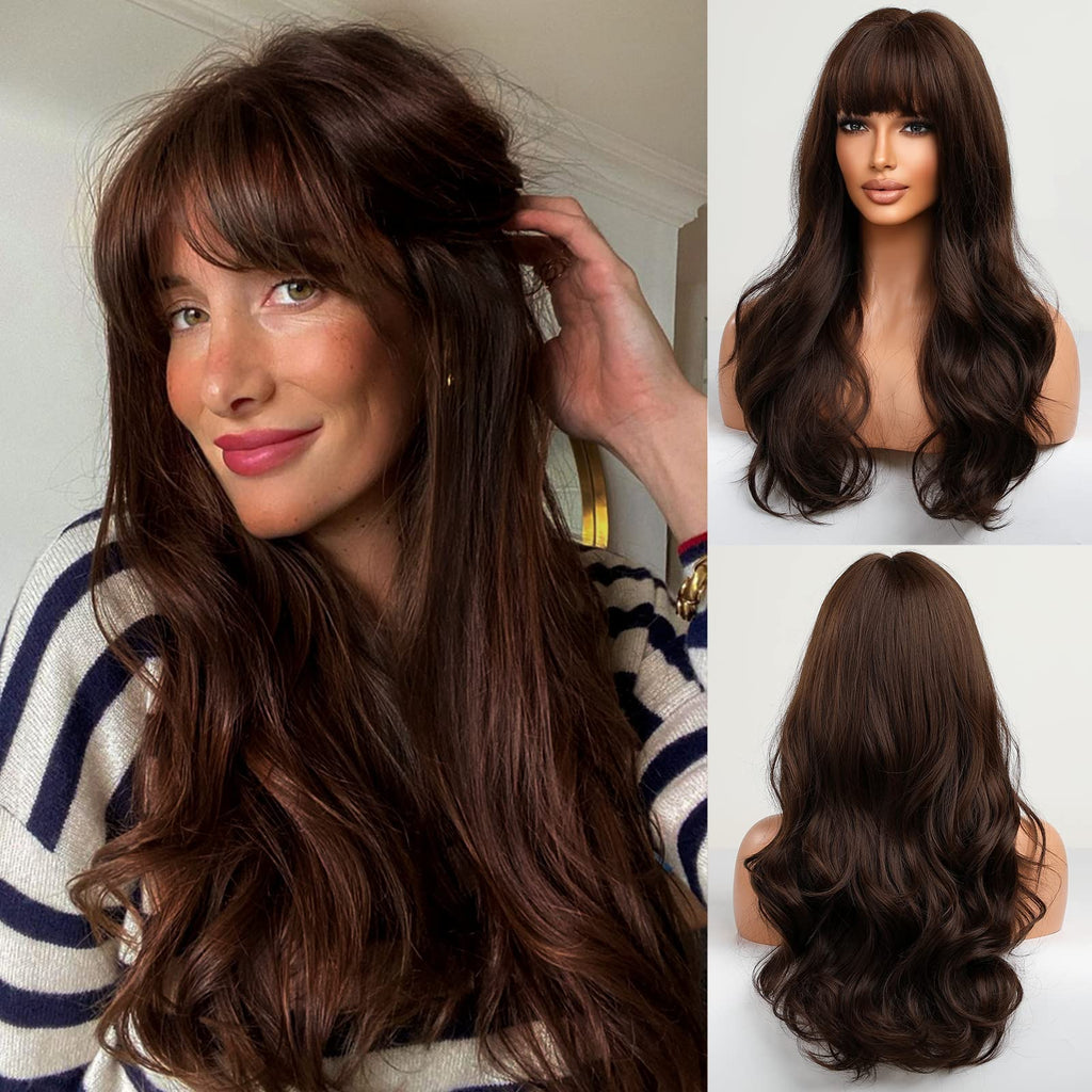 HAIRCUBE Long Brown Wig with Bangs Wave Curly Wigs for Women 26 inch Heat Resistant Natural Synthetic Wig for Daily Use - Damaged Box