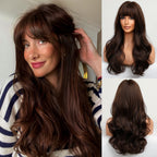 HAIRCUBE Long Brown Wig with Bangs Wave Curly Wigs for Women 26 inch Heat Resistant Natural Synthetic Wig for Daily Use - Damaged Box