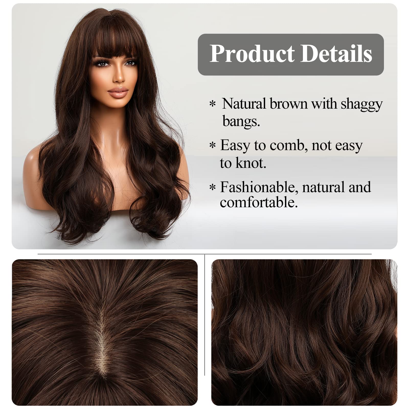 HAIRCUBE Long Brown Wig with Bangs Wave Curly Wigs for Women 26 inch Heat Resistant Natural Synthetic Wig for Daily Use - Damaged Box