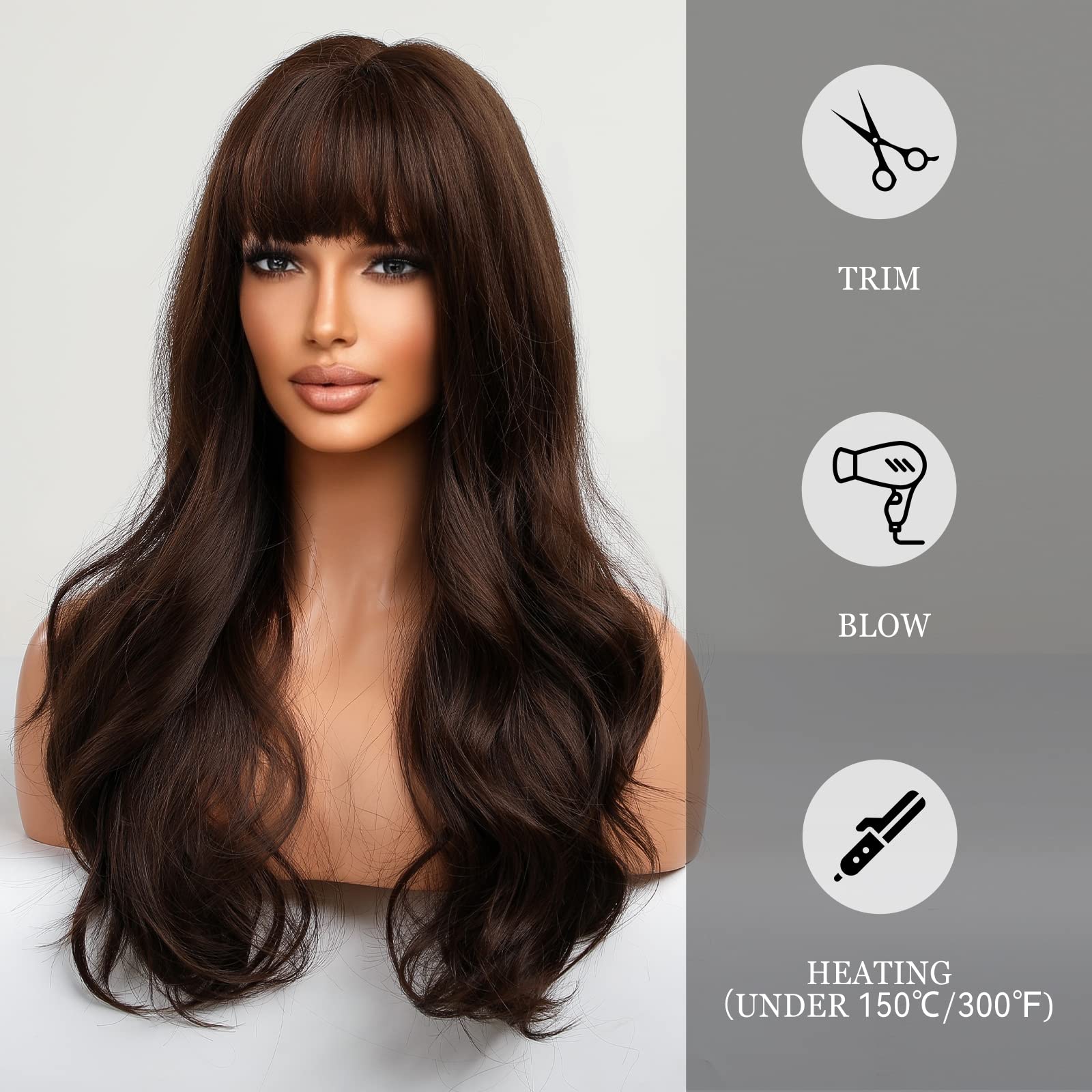 HAIRCUBE Long Brown Wig with Bangs Wave Curly Wigs for Women 26 inch Heat Resistant Natural Synthetic Wig for Daily Use - Damaged Box