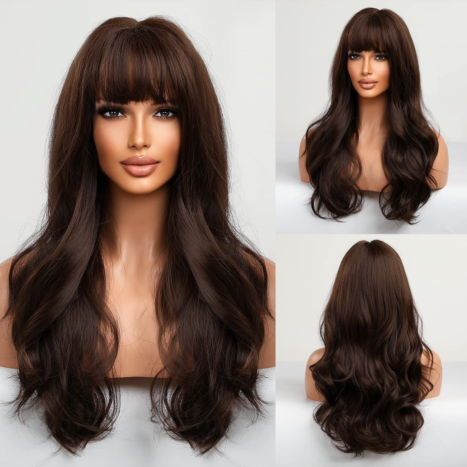 HAIRCUBE Long Brown Wig with Bangs Wave Curly Wigs for Women 26 inch Heat Resistant Natural Synthetic Wig for Daily Use - Damaged Box