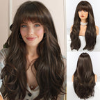 HAIRCUBE Long Brown Wig with Bangs Wave Curly Wigs for Women 26 inch Heat Resistant Natural Synthetic Wig for Daily Use - Damaged Box