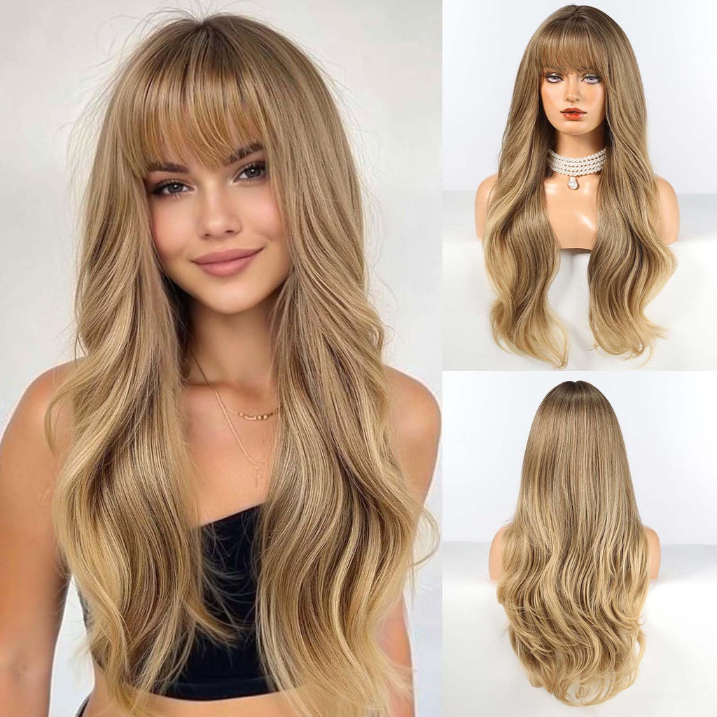 HAIRCUBE Long Brown Wig with Bangs Wave Curly Wigs for Women 26 inch Heat Resistant Natural Synthetic Wig for Daily Use - Damaged Box