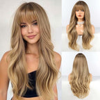 HAIRCUBE Long Brown Wig with Bangs Wave Curly Wigs for Women 26 inch Heat Resistant Natural Synthetic Wig for Daily Use - Damaged Box