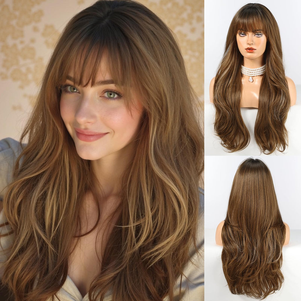 HAIRCUBE Long Brown Wig with Bangs Wave Curly Wigs for Women 26 inch Heat Resistant Natural Synthetic Wig for Daily Use - Damaged Box