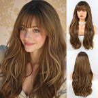 HAIRCUBE Long Brown Wig with Bangs Wave Curly Wigs for Women 26 inch Heat Resistant Natural Synthetic Wig for Daily Use - Damaged Box