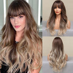 HAIRCUBE Long Brown Wig with Bangs Wave Curly Wigs for Women 26 inch Heat Resistant Natural Synthetic Wig for Daily Use - Damaged Box