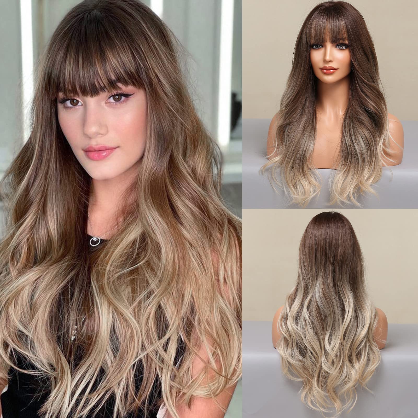 HAIRCUBE Long Brown Wig with Bangs Wave Curly Wigs for Women 26 inch Heat Resistant Natural Synthetic Wig for Daily Use - Damaged Box