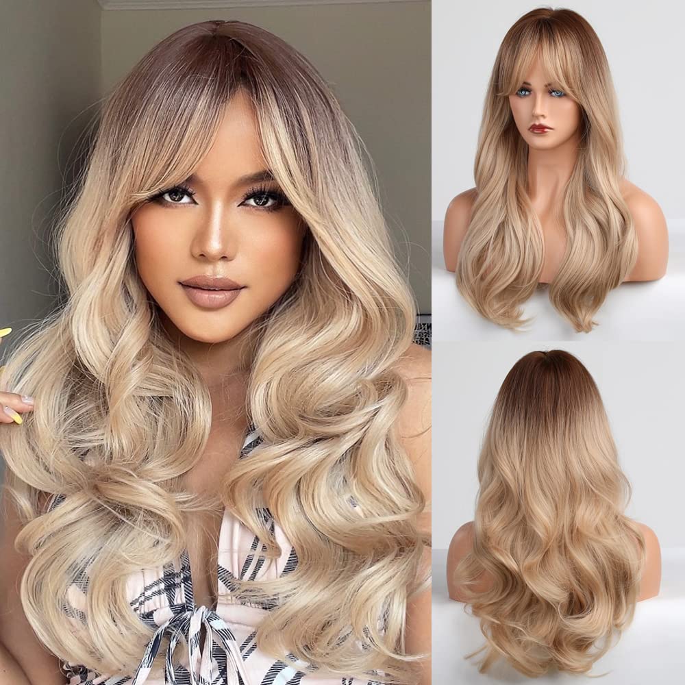 HAIRCUBE Long Brown Wig with Bangs Wave Curly Wigs for Women 26 inch Heat Resistant Natural Synthetic Wig for Daily Use - Damaged Box