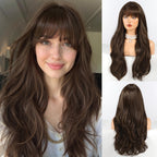 HAIRCUBE Long Brown Wig with Bangs Wave Curly Wigs for Women 26 inch Heat Resistant Natural Synthetic Wig for Daily Use - Damaged Box