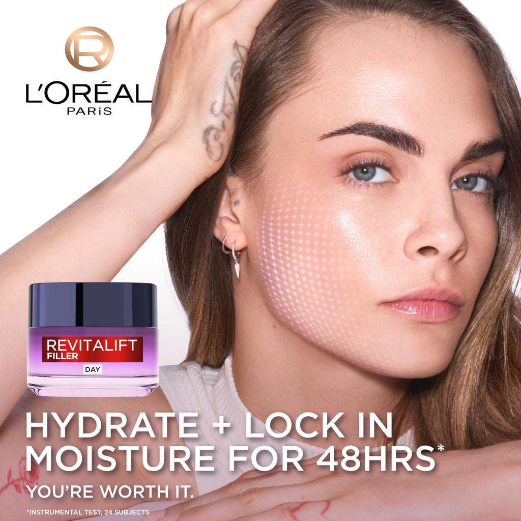 L'Or'eal Paris Day Cream, Revitalift Filler Deep Replumping Hyaluronic Acid Anti-Ageing Cream, Fills Wrinkles & Restores Volume, Intensely Hydrates, Replumps Skin, and Smooth Wrinkles, Age 35+, 50ml - Damaged Box