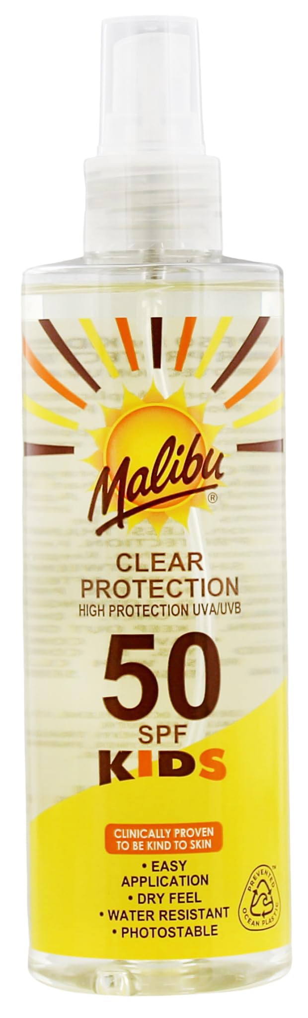 Malibu Sun Kids SPF 50 Clear Protection Sunscreen, High Protection Dry Feel Sun Spray for Kids, Water Resistant Transparent Sunscreen, 250ml