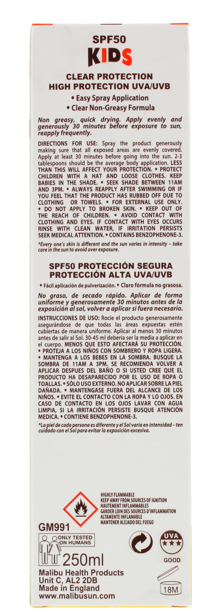 Malibu Sun Kids SPF 50 Clear Protection Sunscreen, High Protection Dry Feel Sun Spray for Kids, Water Resistant Transparent Sunscreen, 250ml