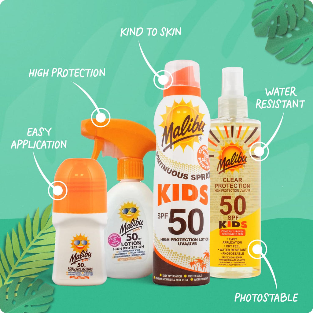 Malibu Sun Kids SPF 50 Clear Protection Sunscreen, High Protection Dry Feel Sun Spray for Kids, Water Resistant Transparent Sunscreen, 250ml