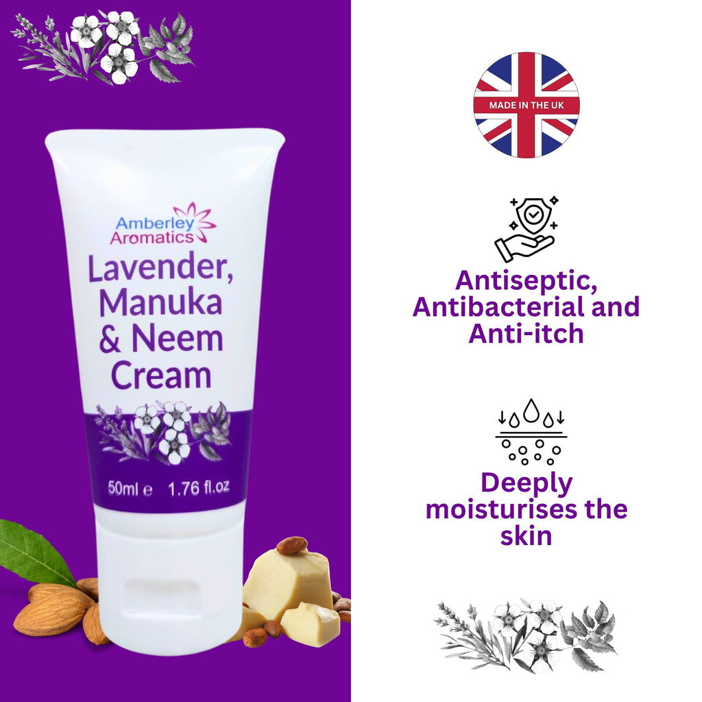 Lavender, Manuka & Neem Cream 50ml - Antibacterial, Anti-fungal, Antiseptic, Anti-Itch, Dry and Cracked Skin. Suitable for Senstive Skin Eczema & Psorasis Chapped Skin