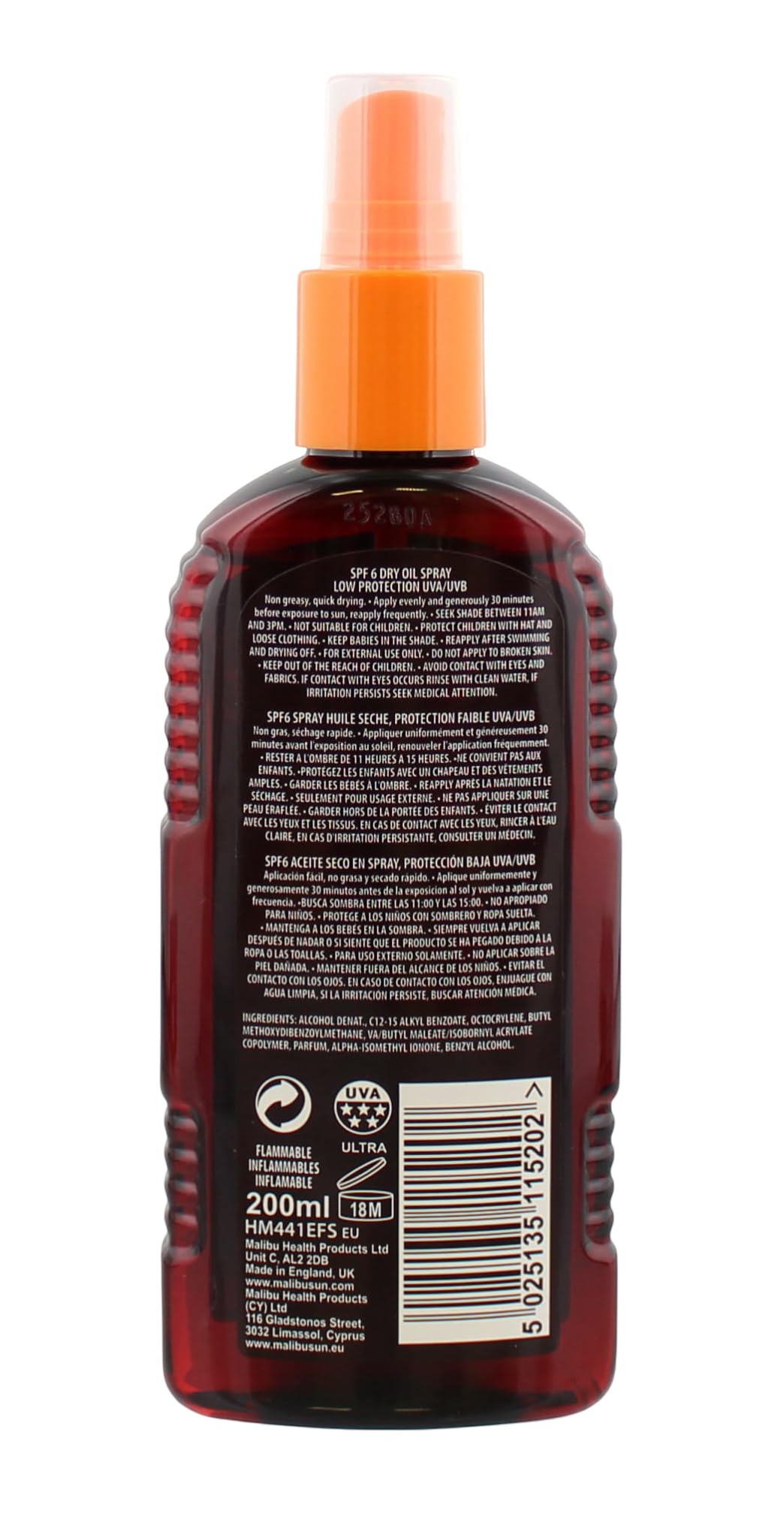 Malibu Sun SPF 6 Non-Greasy Dry Oil Spray for Tanning, Tan Enhancing & Moisturising Body Oil Mist, Water Resistant, 200ml
