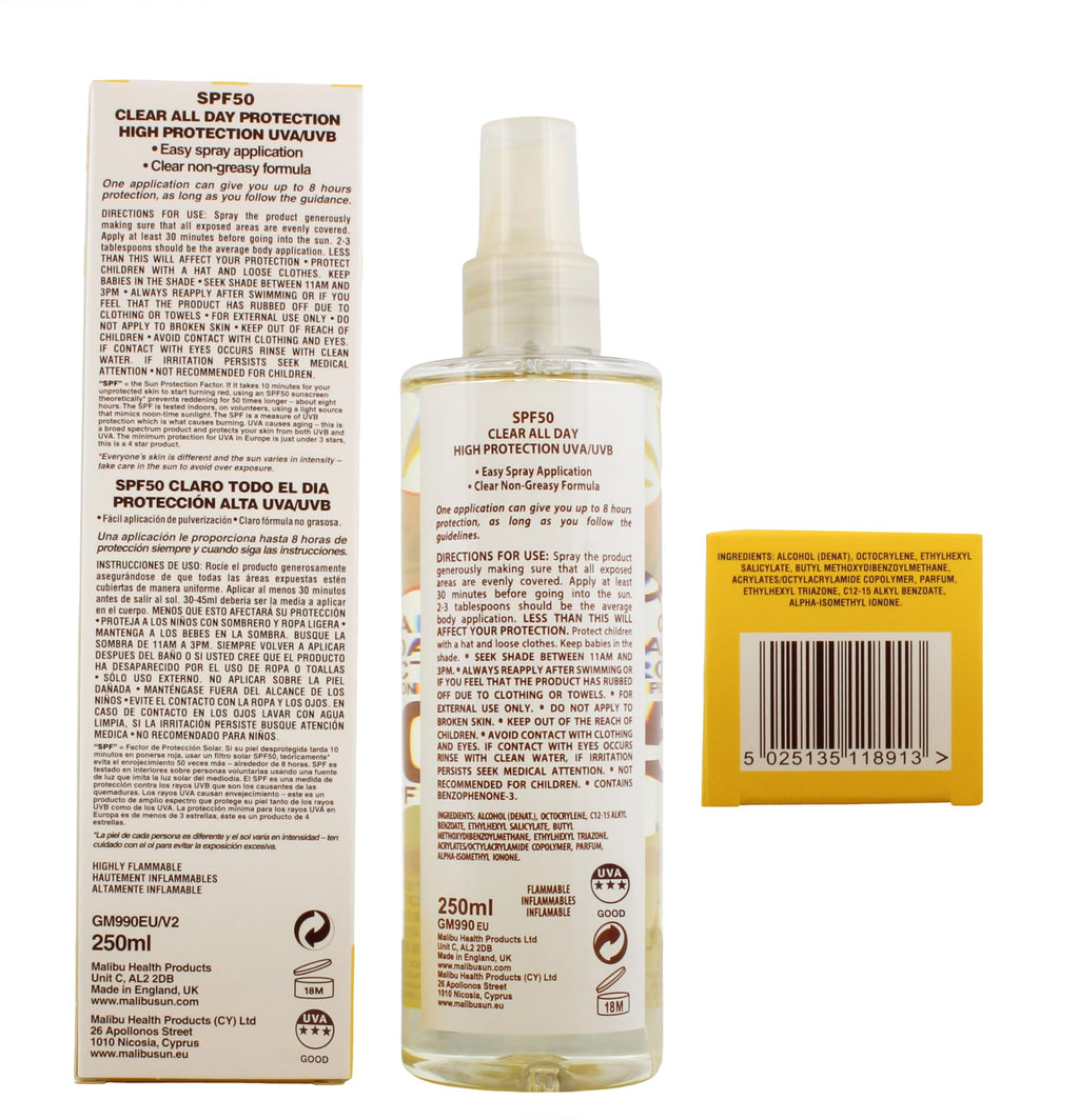 Malibu Sun SPF 50 Clear Spray Sunscreen, High Protection, Dry Feel, Water Resistant, 250ml