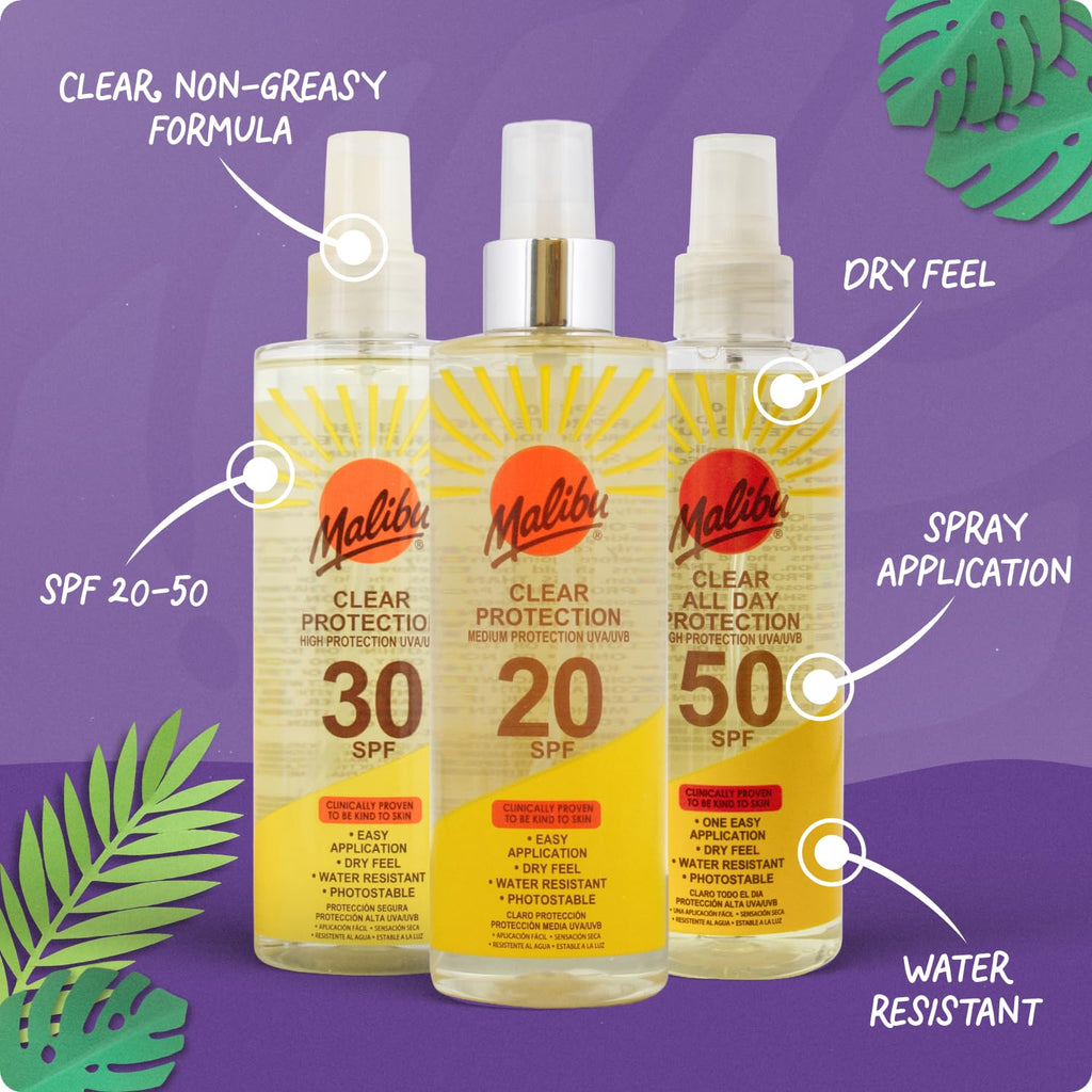 Malibu Sun SPF 50 Clear Spray Sunscreen, High Protection, Dry Feel, Water Resistant, 250ml