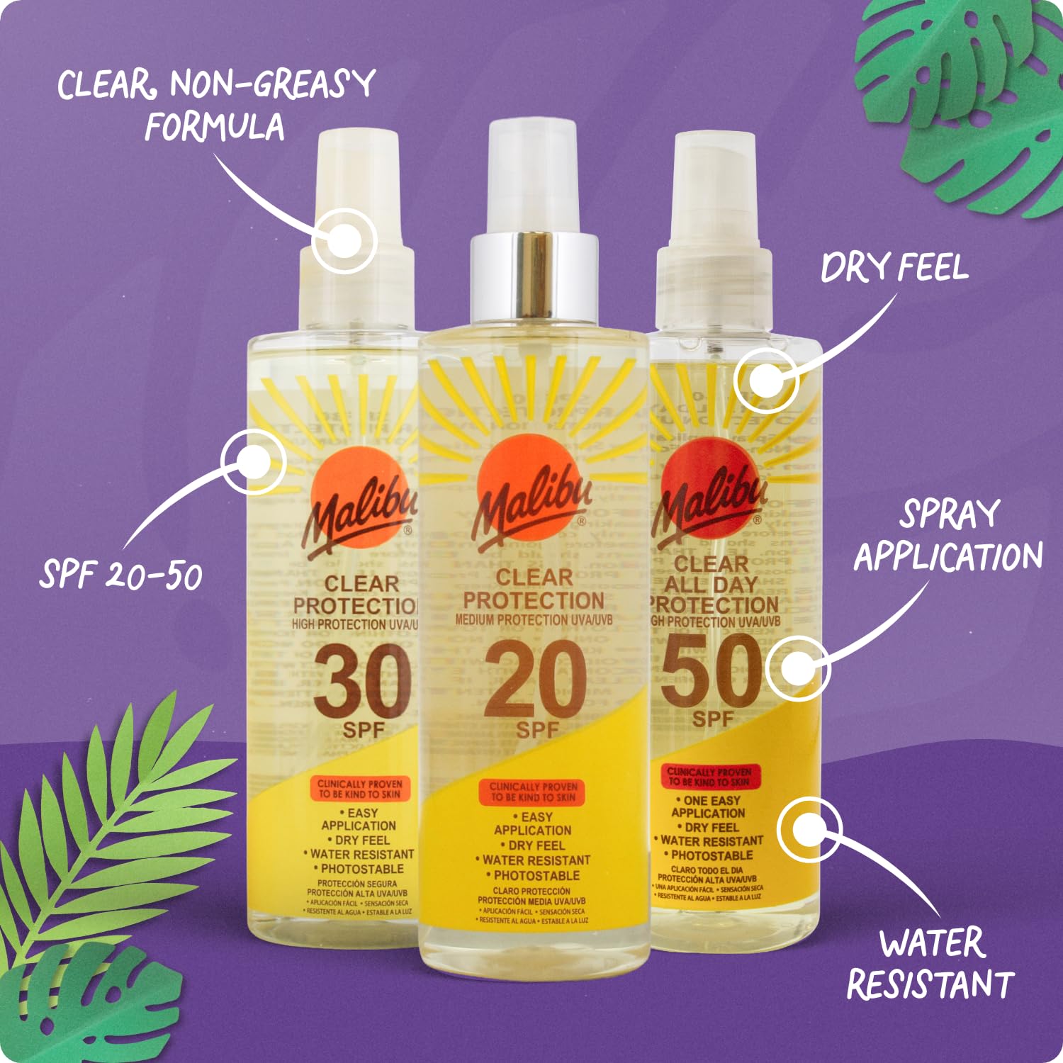 Malibu Sun SPF 50 Clear Spray Sunscreen, High Protection, Dry Feel, Water Resistant, 250ml