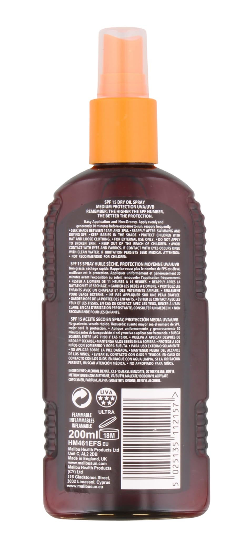 Malibu Sun SPF 15 Non-Greasy Dry Oil Spray for Tanning, Tan Enhancing & Moisturising Body Oil Mist, Water Resistant, 200ml