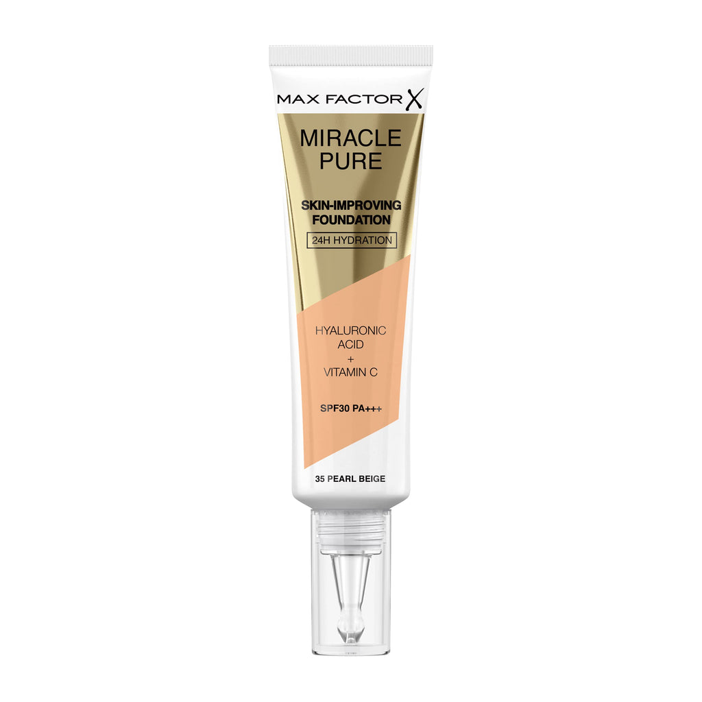 Max Factor Miracle Pure Liquid Foundation, 35 Pearl Beige, Full Coverage, Flawless and Radiant Finish, Lightweight Formula, Smudge Resistant, Non Pore-Clogging, Fragrance Free, 35ml