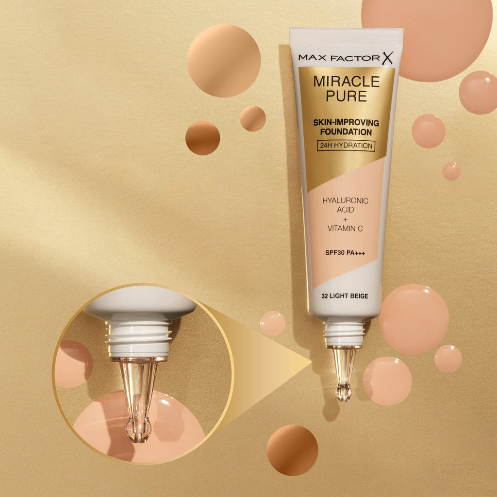 Max Factor Miracle Pure Liquid Foundation, Pearl Beige, Full Coverage, Flawless and Radiant Finish, Lightweight Formula, Smudge Resistant, Non Pore-Clogging, Fragrance Free, 35ml