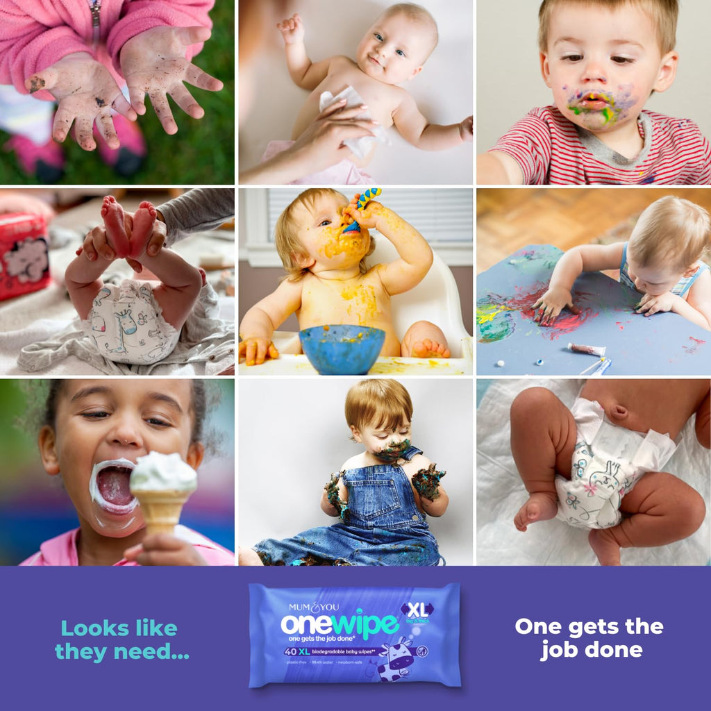 Mum & You Onewipe Baby Wipes Multipack, 100% Biodegradable Wet Wipes (10 Packs= 400 wipes), 99.4% Water| Ideal for Sensitive Newborn Skin, 30% XL Wet Wipes Adults,Eco-Friendly Wipes