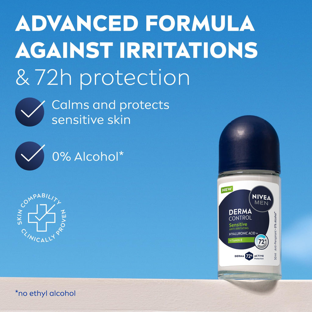 NIVEA MEN Derma Control Sensitive Roll On (6 x 50ml), Anti-Perspirant Formula for Defence Against Odour and Staining, 72H Protection Deodorant for Sensitive Skin, Pack of 6
