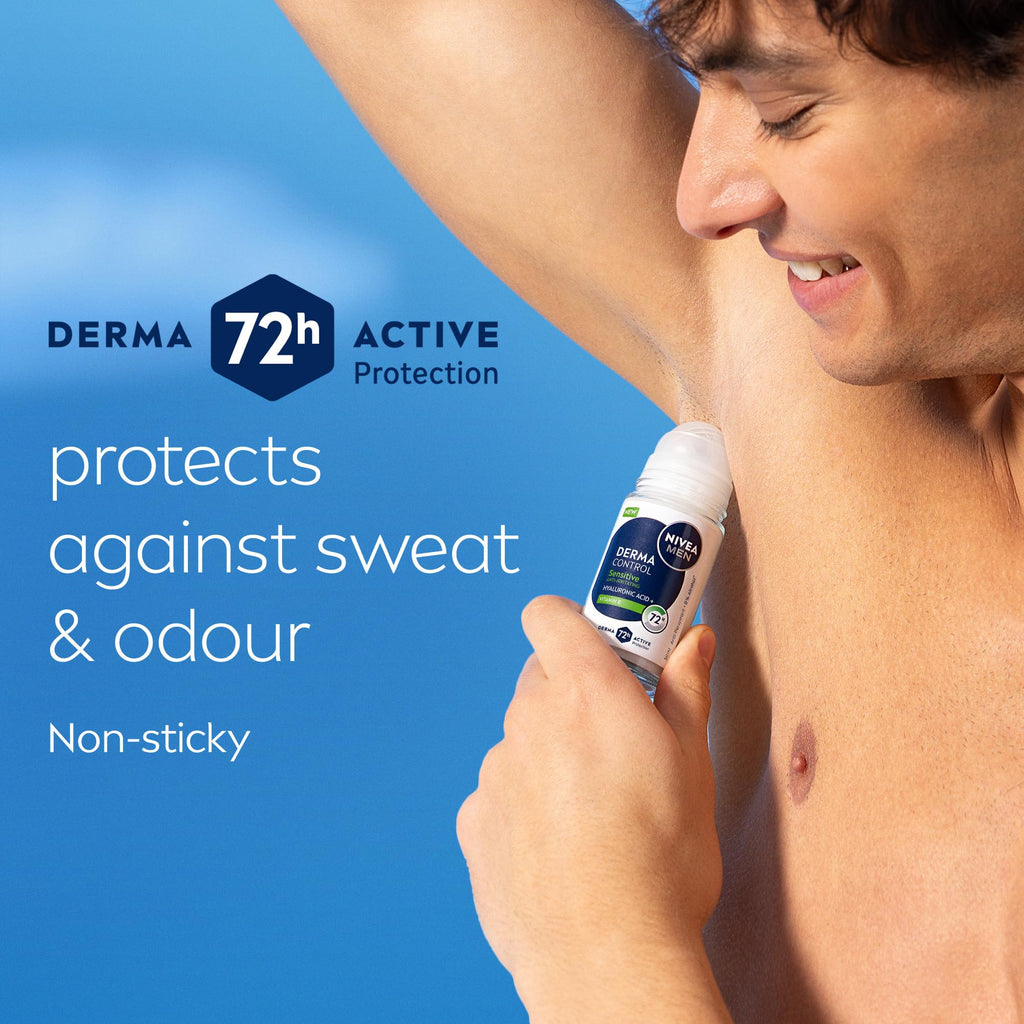 NIVEA MEN Derma Control Sensitive Roll On (6 x 50ml), Anti-Perspirant Formula for Defence Against Odour and Staining, 72H Protection Deodorant for Sensitive Skin, Pack of 6
