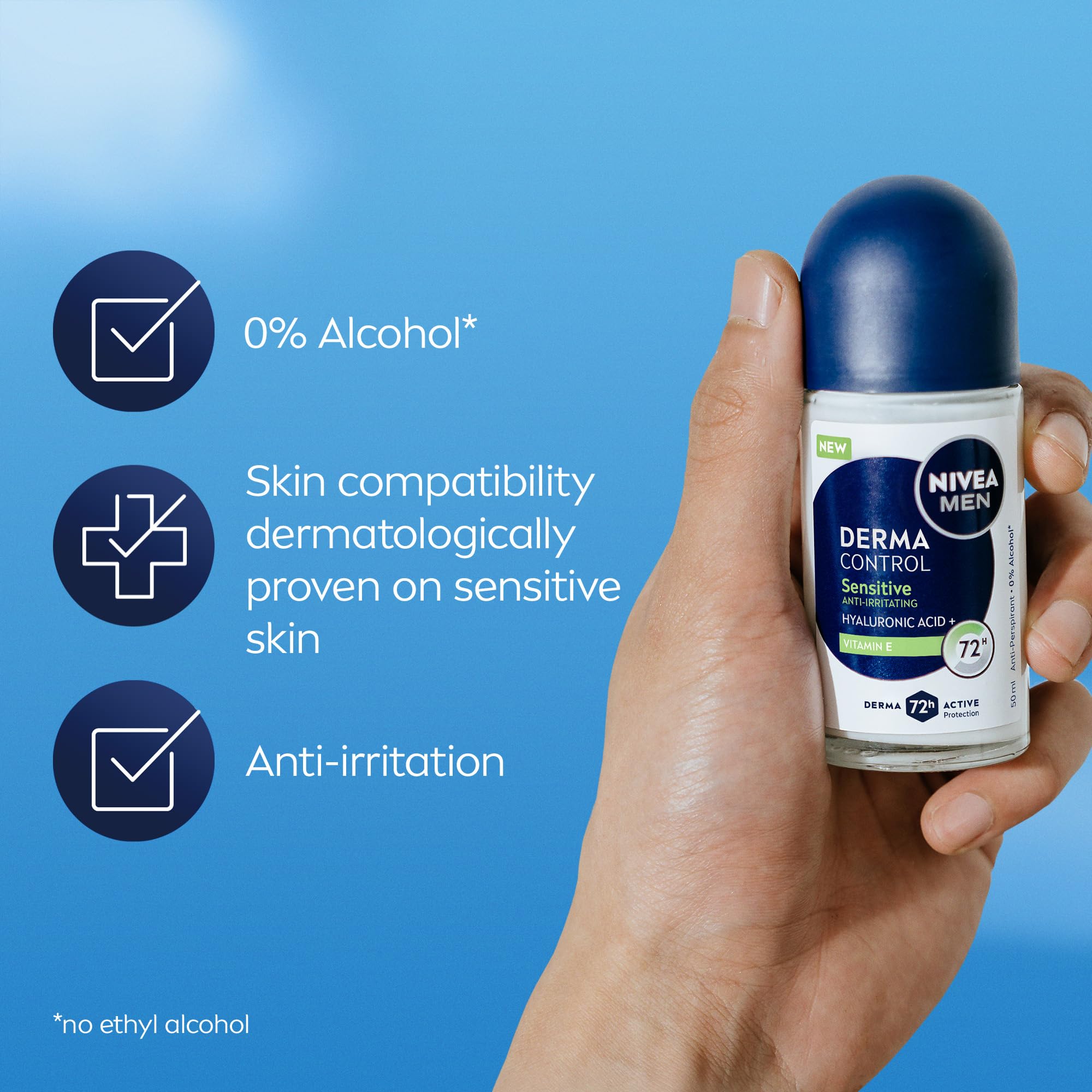 NIVEA MEN Derma Control Sensitive Roll On (6 x 50ml), Anti-Perspirant Formula for Defence Against Odour and Staining, 72H Protection Deodorant for Sensitive Skin, Pack of 6
