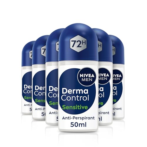 NIVEA MEN Derma Control Sensitive Roll On (6 x 50ml), Anti-Perspirant Formula for Defence Against Odour and Staining, 72H Protection Deodorant for Sensitive Skin, Pack of 6