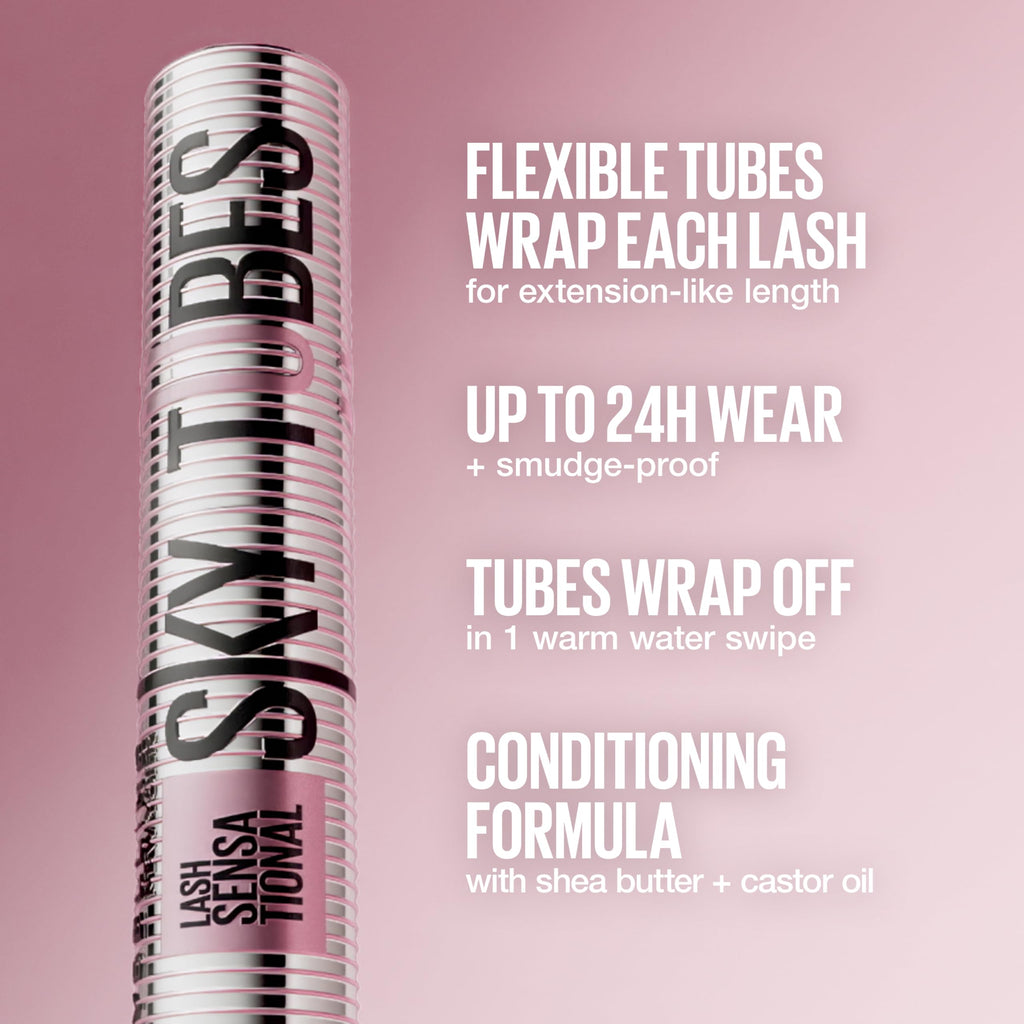 Maybelline Tubing Mascara Black, Lash Sensational Sky High Tubes Mascara with with Shea Butter + Castor Oil, Lengthening for Extension-Like Length, 24H Smudge-Proof, Washable, Vegan, Sensitive Eyes