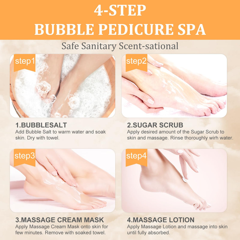nbc BeautiLab Foot Soak Set: Bubble Salt, Sugar Scrub, Massage Mask, Massage Lotion in a Box, 4 Step Foot Spa Kit for Dry Feet, Softens Calluses, Tired Feet (3 Set, 3 Set Tropical Fruit)