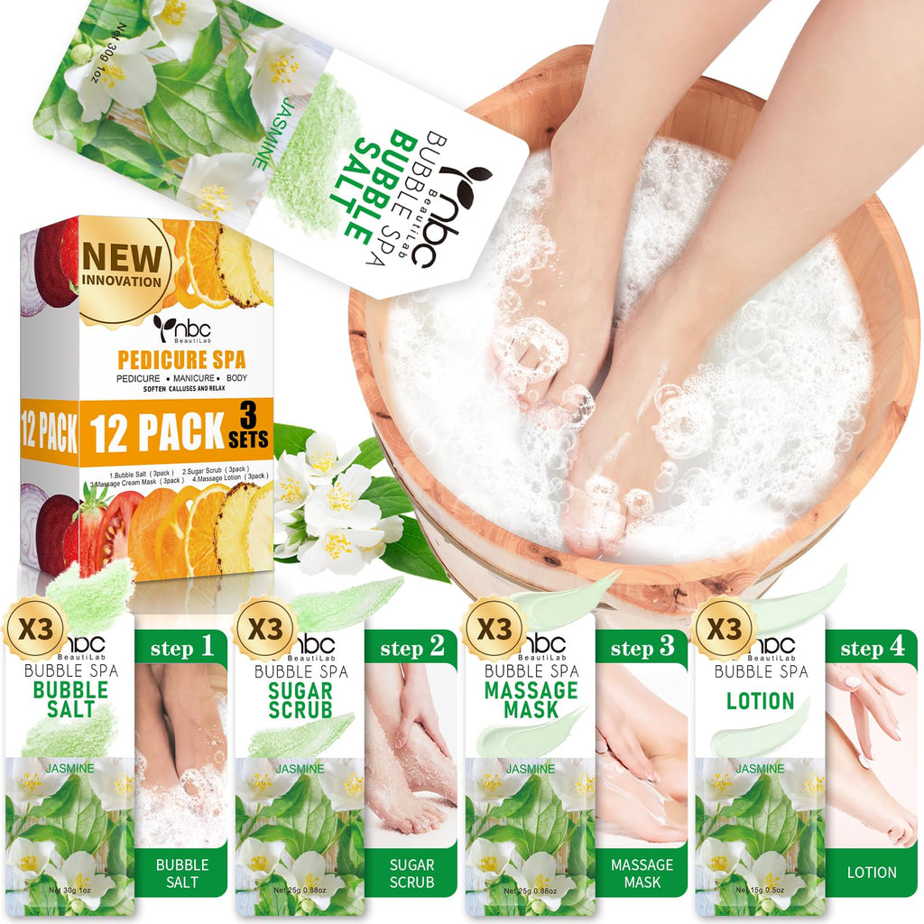 nbc BeautiLab Foot Soak Set: Bubble Salt, Sugar Scrub, Massage Mask, Massage Lotion in a Box, 4 Step Foot Spa Kit for Dry Feet, Softens Calluses, Tired Feet (3 Set, 3 Set Tropical Fruit)