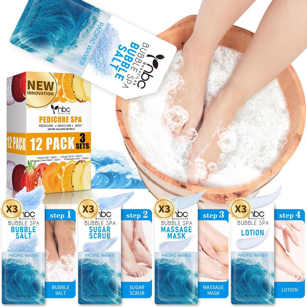 nbc BeautiLab Foot Soak Set: Bubble Salt, Sugar Scrub, Massage Mask, Massage Lotion in a Box, 4 Step Foot Spa Kit for Dry Feet, Softens Calluses, Tired Feet (3 Set, 3 Set Tropical Fruit)