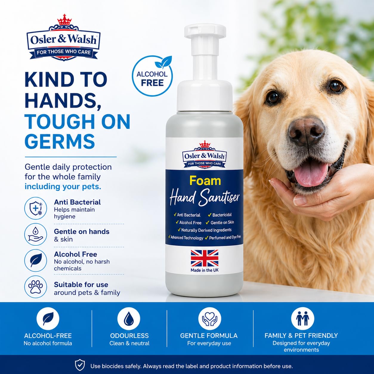 Osler & Walsh Hand Sanitiser Foaming Pump Bottles 500ml - Alcohol-Free, Quat-Free Formula - Biodegradable | Pack of 6 | Healthcare, Workplace, Nursery & Behavioural Health Use
