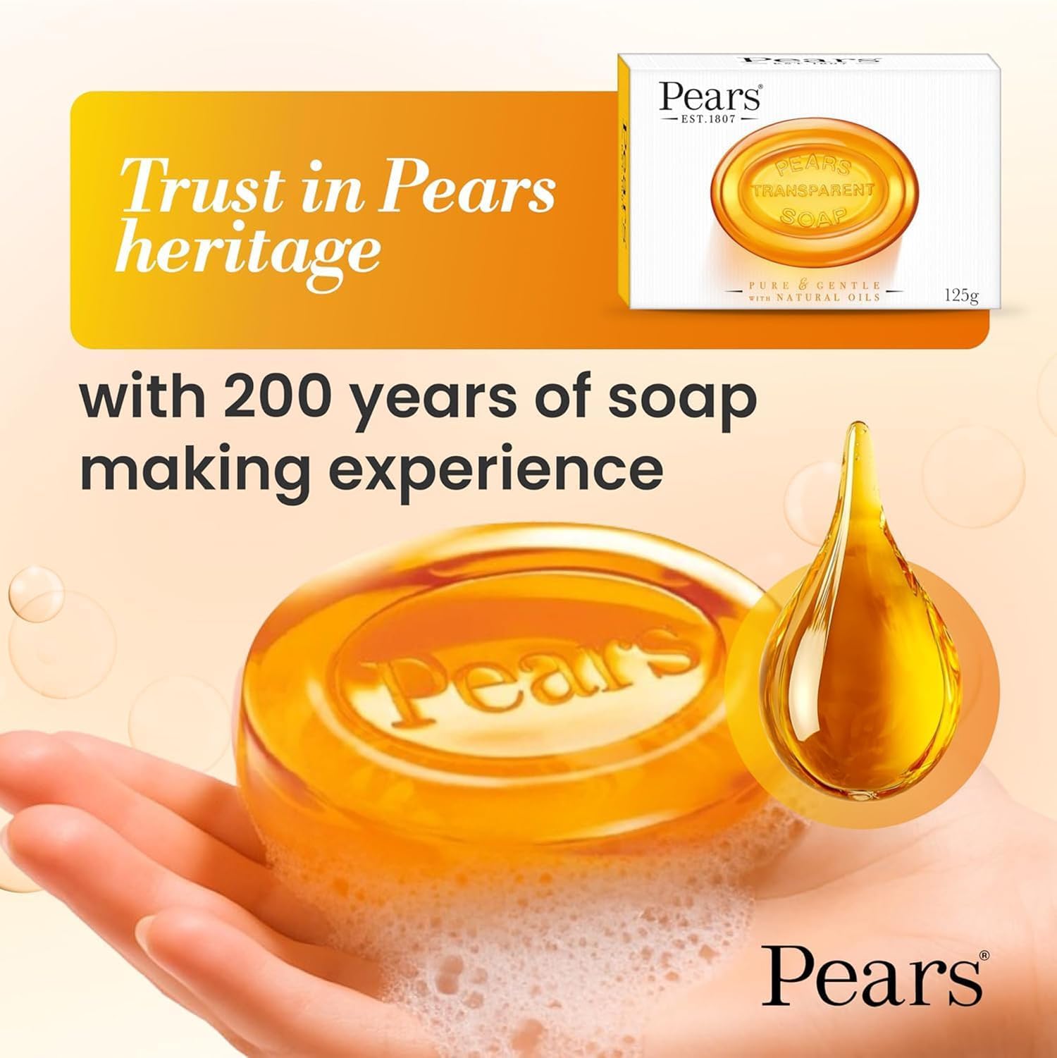 Pears Pure & Gentle Transparent Natural Soap Bar - Made with Natural Oils, Nourishing and Refreshing Bathing Cleanser, Gentle & Soothing Skin Care, Pure Transparency, Pack of 6 x 125g