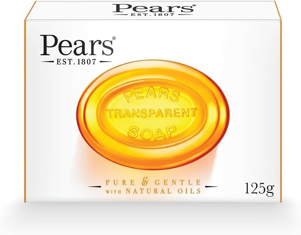 Pears Pure & Gentle Transparent Natural Soap Bar - Made with Natural Oils, Nourishing and Refreshing Bathing Cleanser, Gentle & Soothing Skin Care, Pure Transparency, Pack of 6 x 125g
