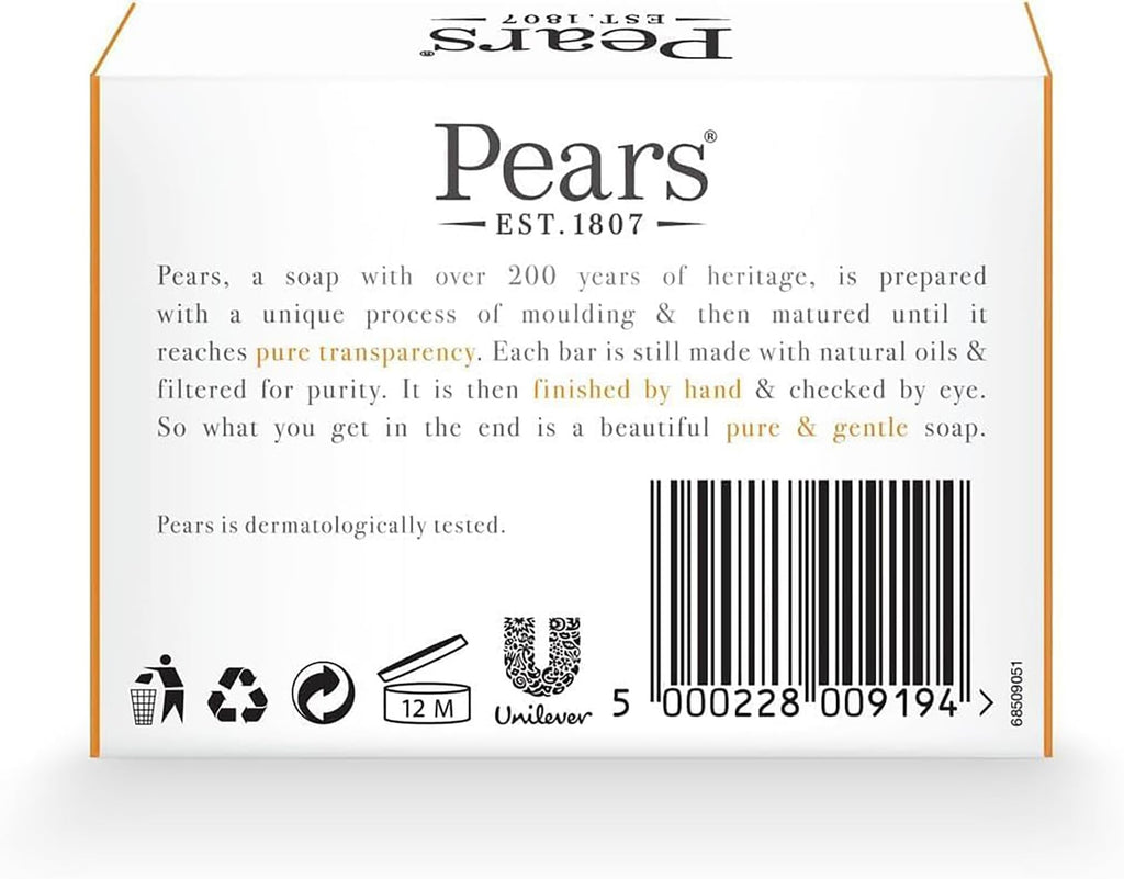 Pears Pure & Gentle Transparent Natural Soap Bar - Made with Natural Oils, Nourishing and Refreshing Bathing Cleanser, Gentle & Soothing Skin Care, Pure Transparency, Pack of 6 x 125g