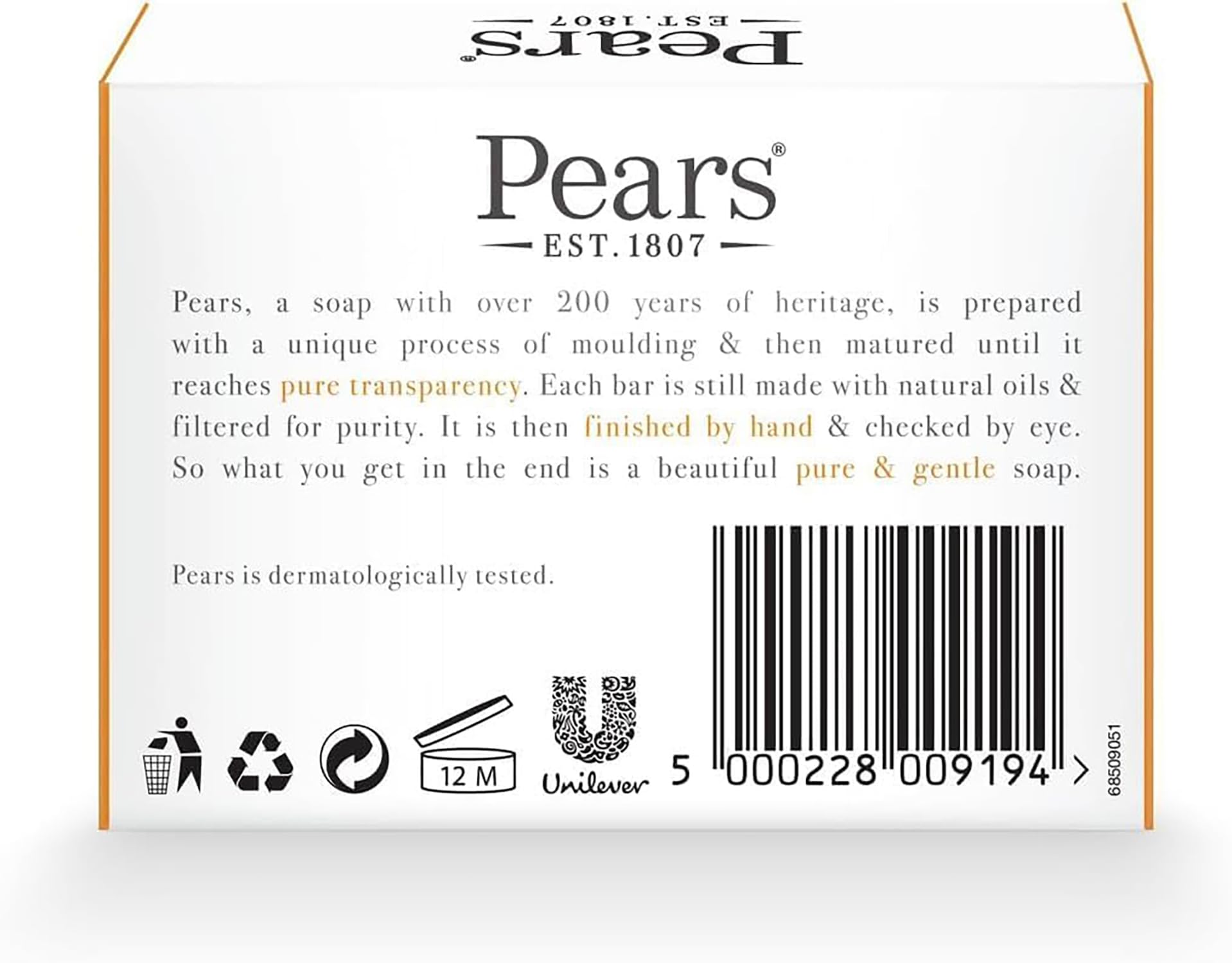 Pears Pure & Gentle Transparent Natural Soap Bar - Made with Natural Oils, Nourishing and Refreshing Bathing Cleanser, Gentle & Soothing Skin Care, Pure Transparency, Pack of 6 x 125g
